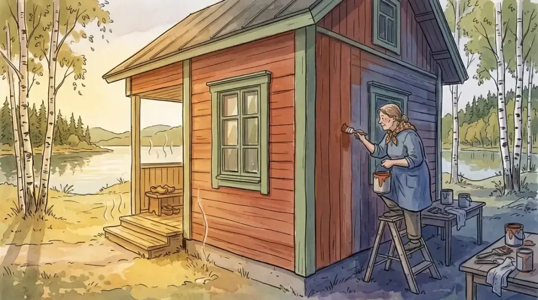 Suomalainen puutalo maalataan varjossa — auringonpaisteen ja varjon kontrasti