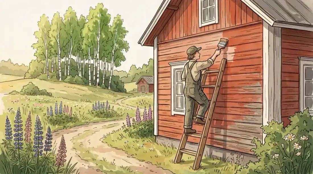 Ulkomaalaus aurinkoisena kesäpäivänä — siveltimellä maalataan puutalon seinää