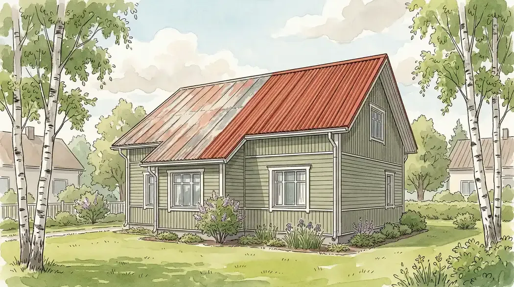 Vanhan punaisen peltikaton huoltomaalaus — ruosteenpoisto ja maalaus